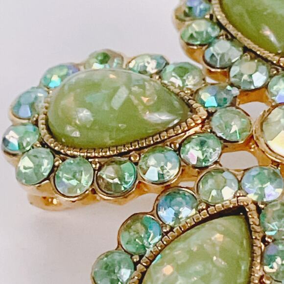 VTG 1960s Brooch Green Cabochons Rhinestones Starburst Sparkling Opal-Look MCM - Picture 5 of 15